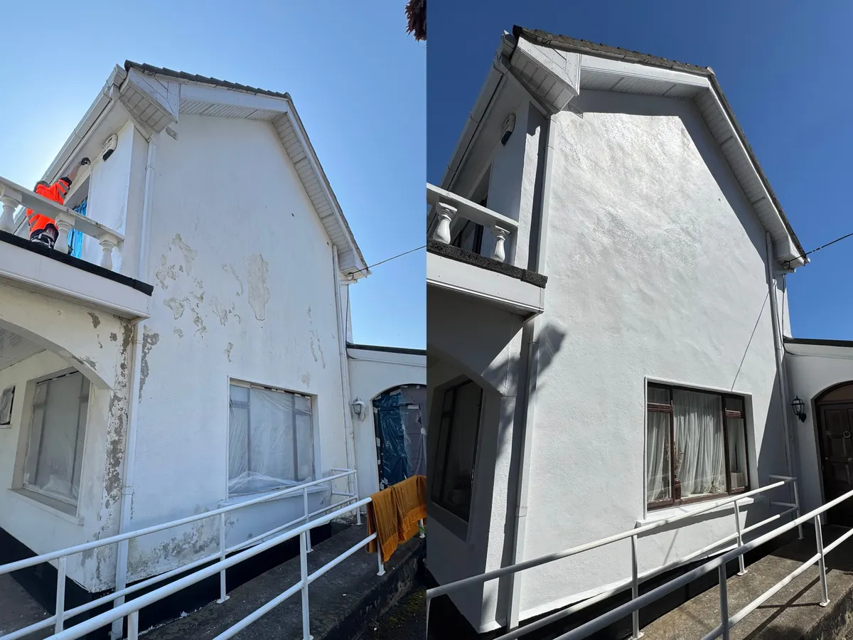 Before and after: side gable with flaking paint, then repainted white, on a house in Castleknock, Dublin 15