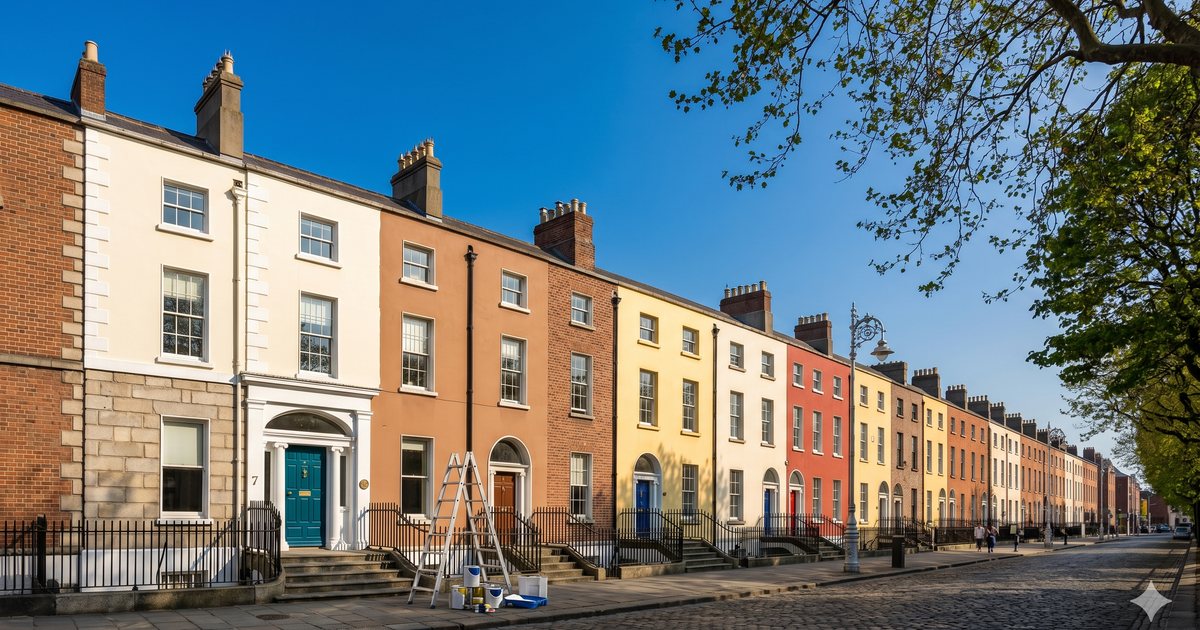 Colourful row of freshly painted Georgian townhouses on a Dublin street