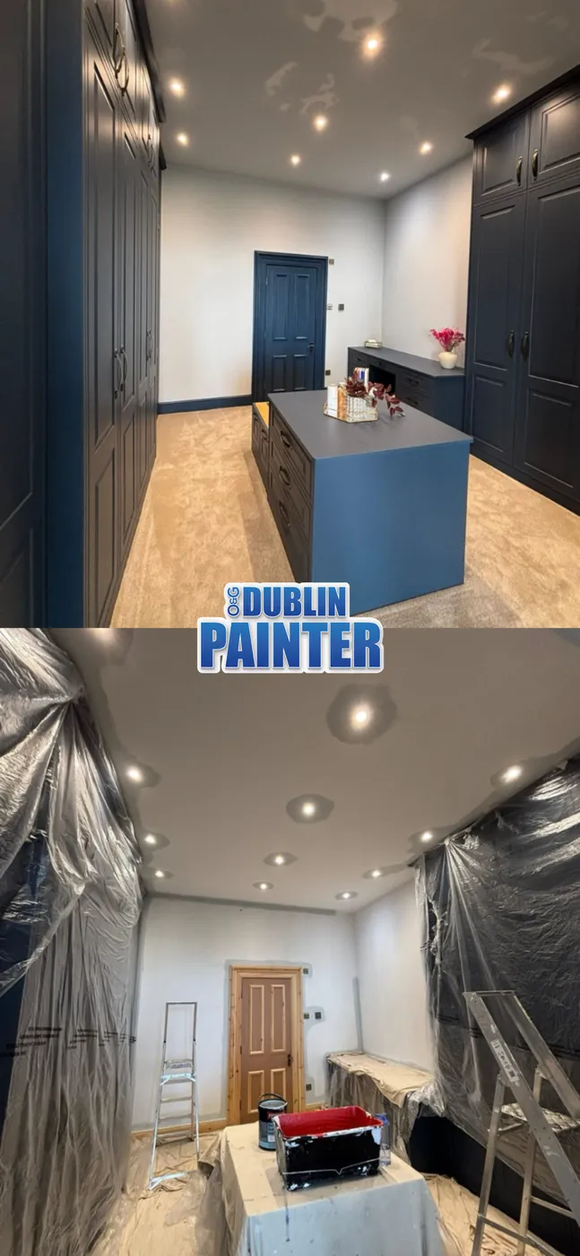 Navy blue painted fitted wardrobes and kitchen island cabinetry in a Dublin dressing room