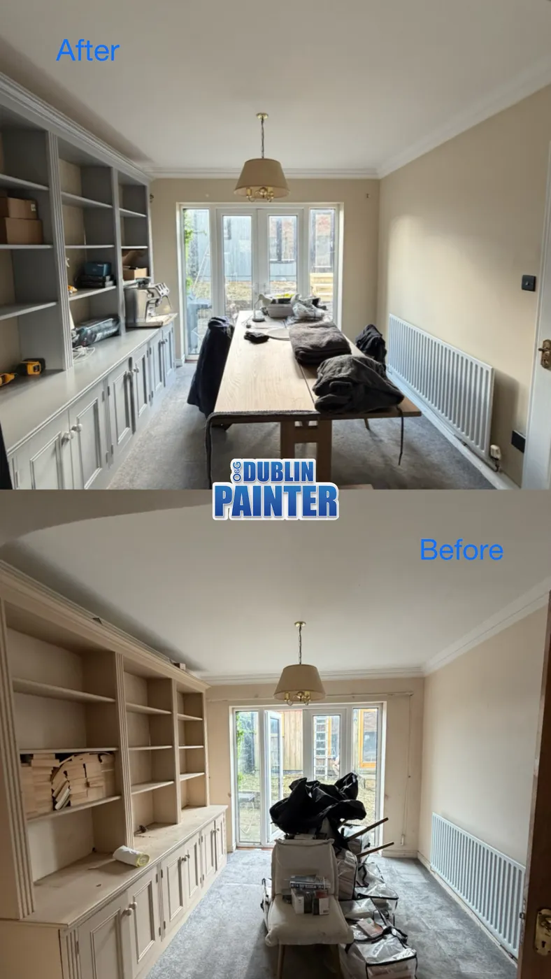 Built-in study shelving and cabinets repainted grey in a Dublin home office