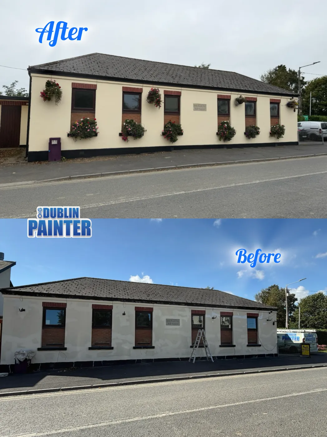 Freshly painted cream commercial building exterior with hanging flower baskets in Dublin