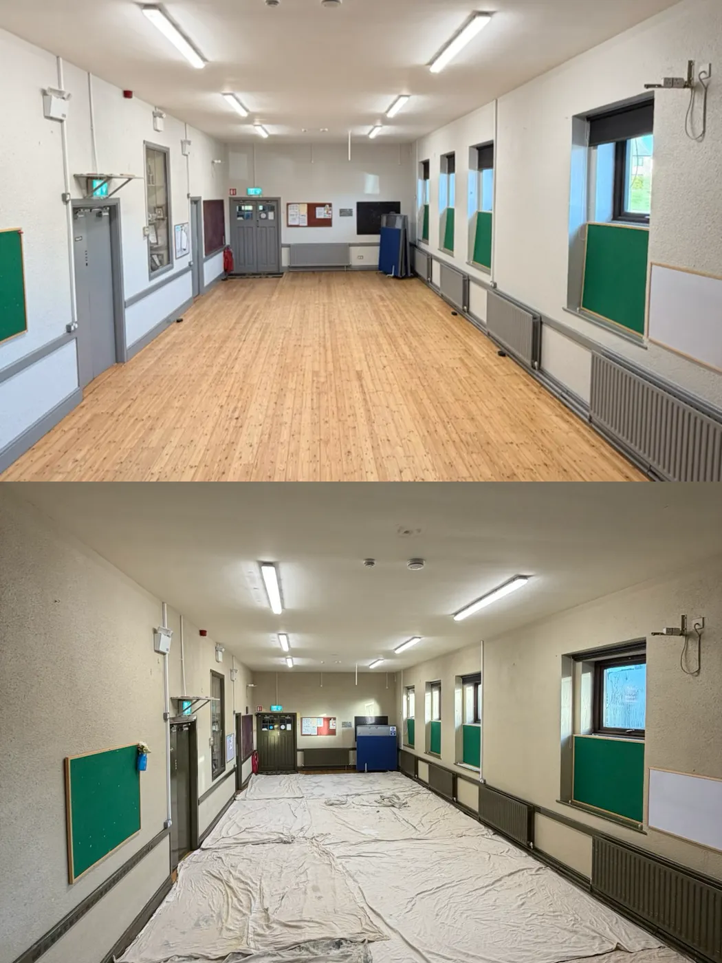Freshly painted hall interior with green noticeboards in a Dublin community centre