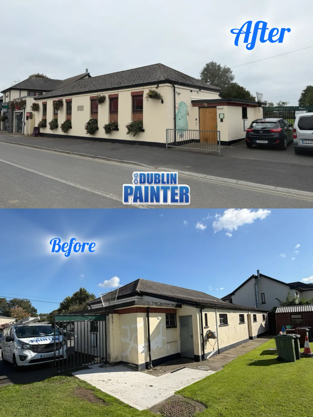 Community hall exterior freshly painted cream with dark trim, Dublin commercial job