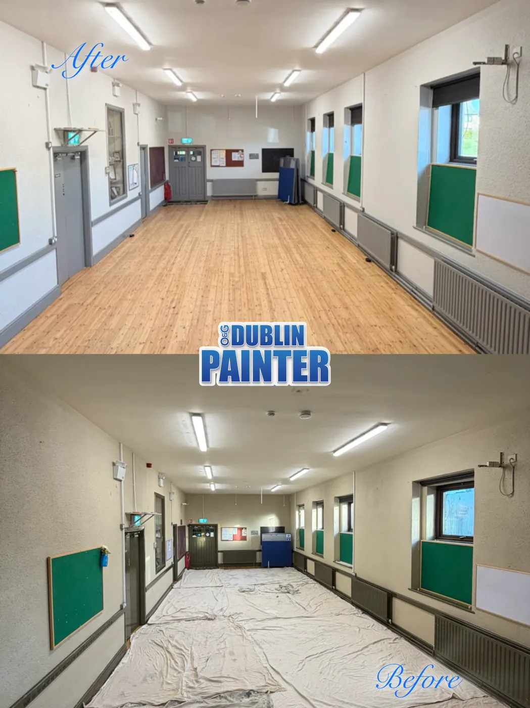 School hall corridor freshly painted white with polished timber floor, Dublin commercial job