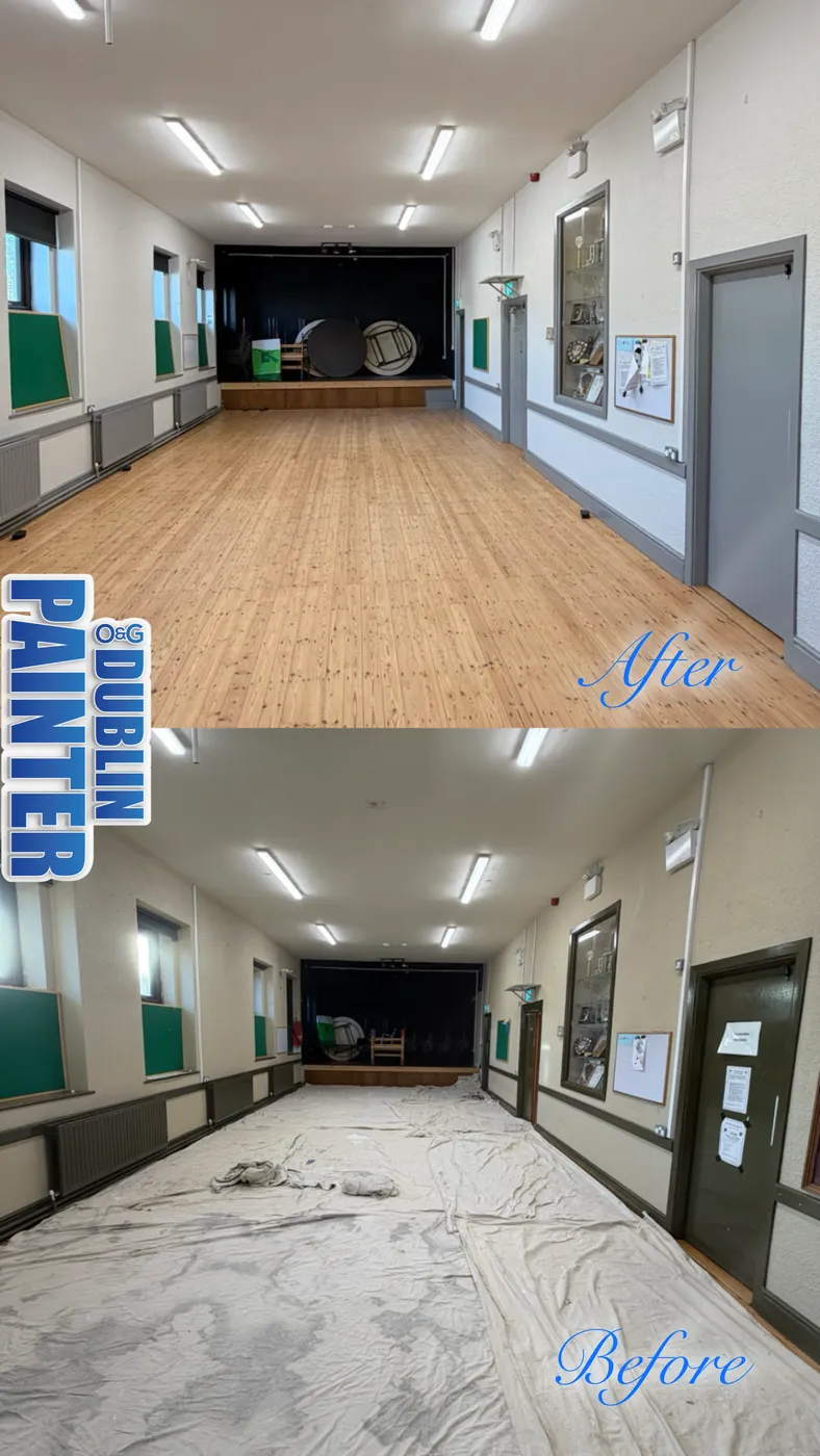 Freshly refinished timber floor in a Dublin school hall corridor after painting works