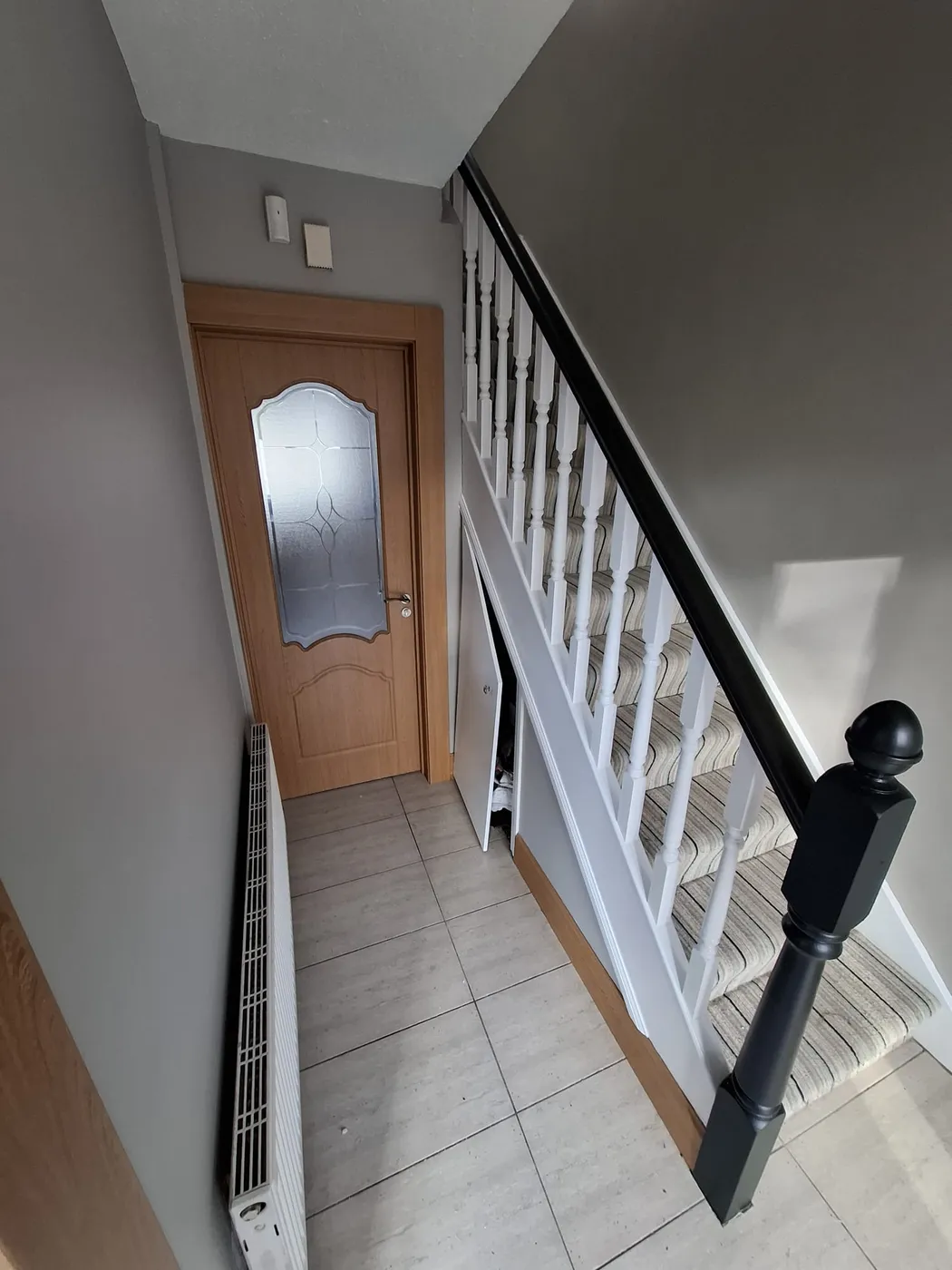 Painted staircase with wooden front door and internal doors in a Dublin hallway