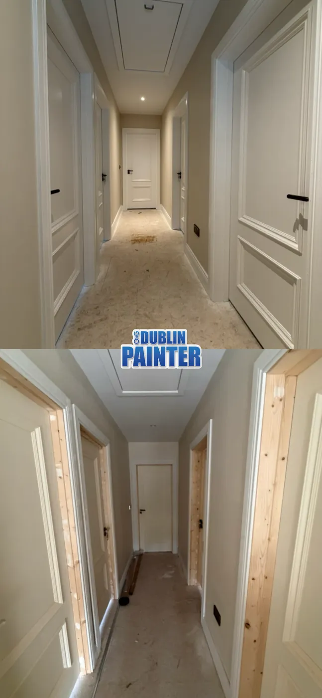 Freshly painted white panelled hallway doors and trim in a Dublin home