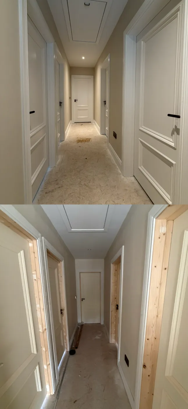 Freshly painted white panelled doors along a hallway corridor in a Dublin home
