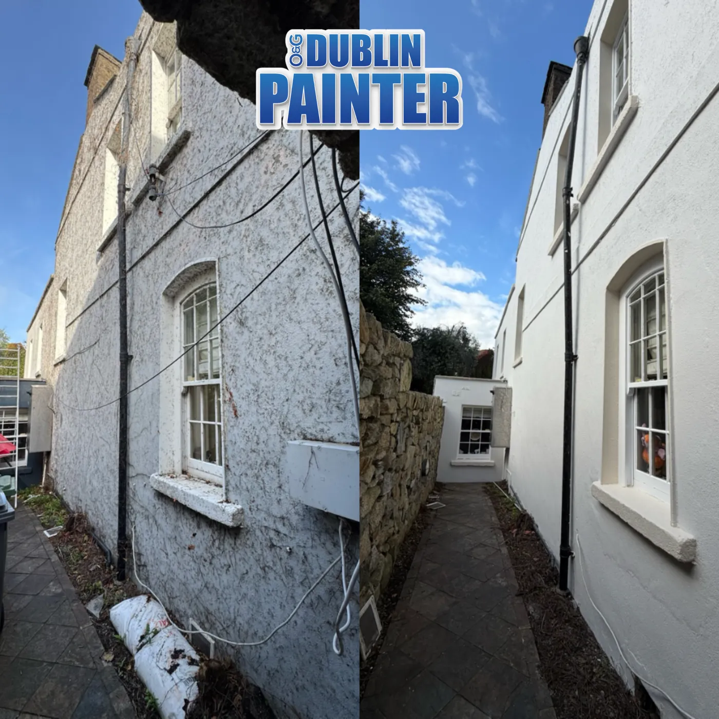 Exterior render repainted crisp white on a Dublin terraced house side passage