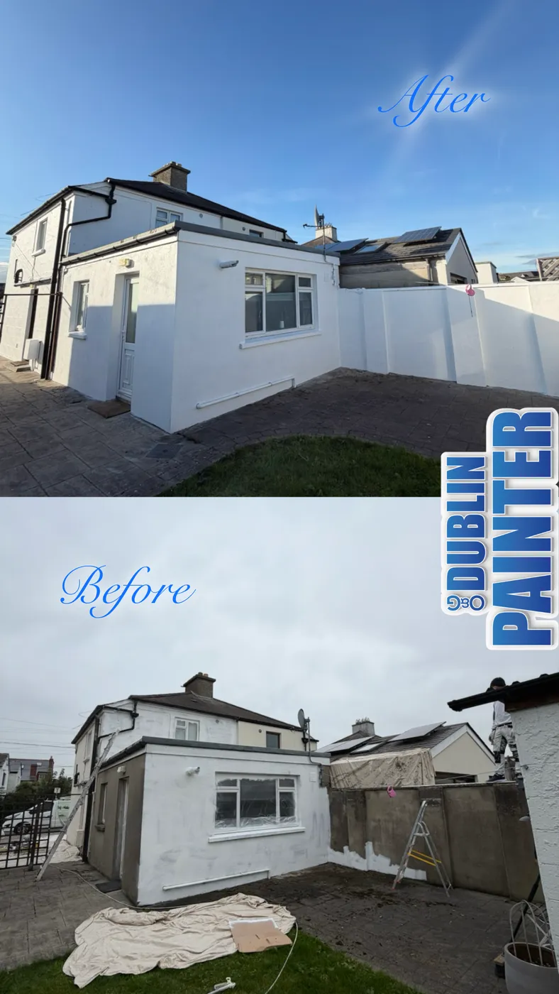 Freshly painted white rendered house exterior and boundary wall in Dublin