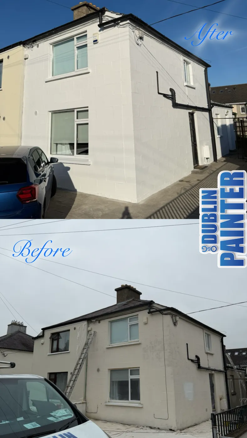Semi-detached house exterior freshly painted crisp white in Dublin