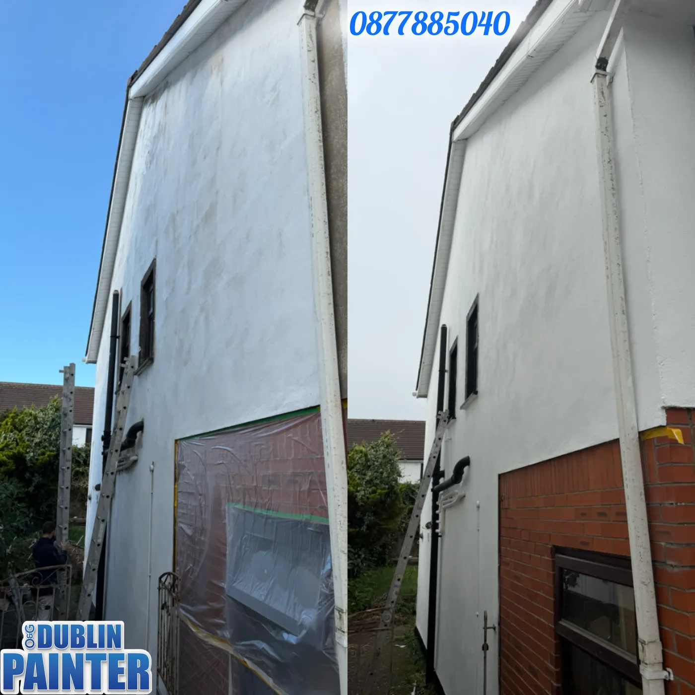 House gable wall pressure washed and repainted bright white, Dublin exterior job