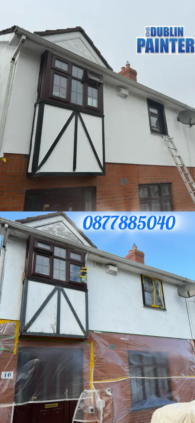 Tudor-style gable and bay window freshly painted white and dark brown, Dublin house exterior
