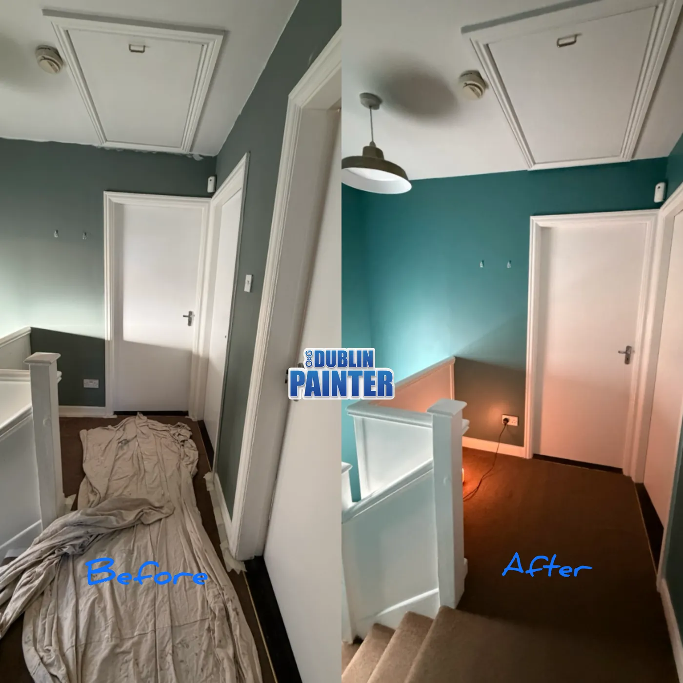 Landing repainted with teal feature wall and white panelling in a Dublin home stairwell