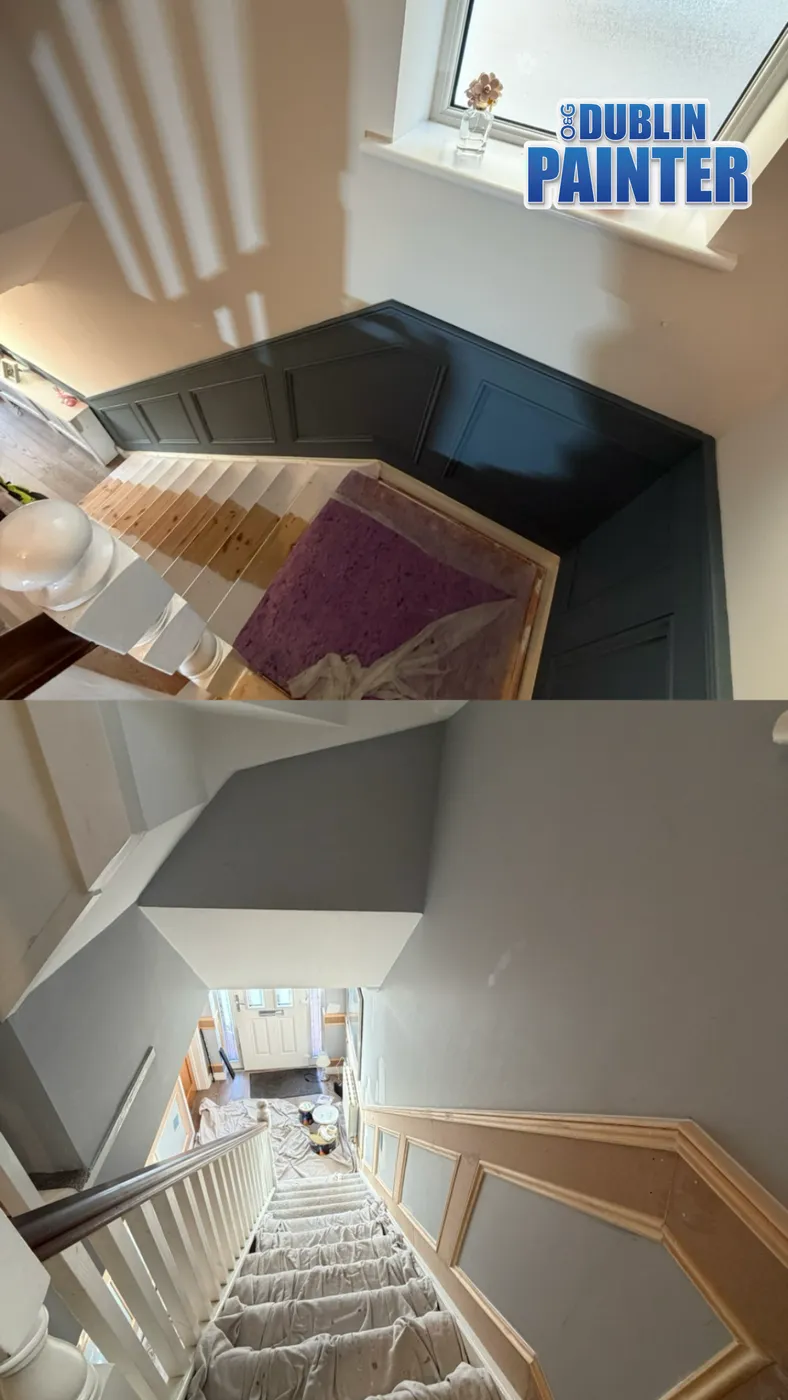 Dark navy panelled staircase landing freshly painted in a Dublin home