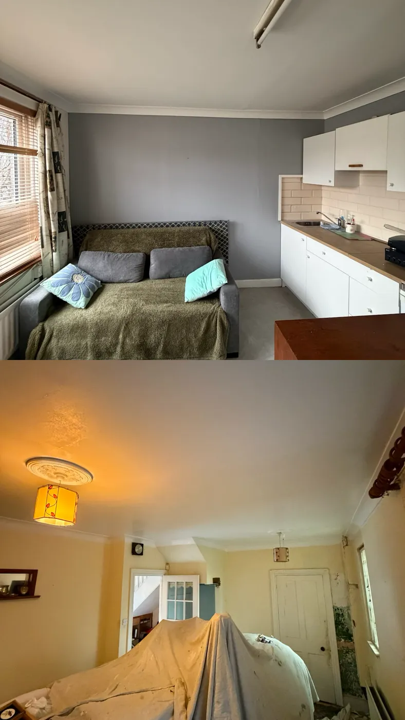 Freshly painted grey living room feature wall beside a repainted white kitchen in Dublin