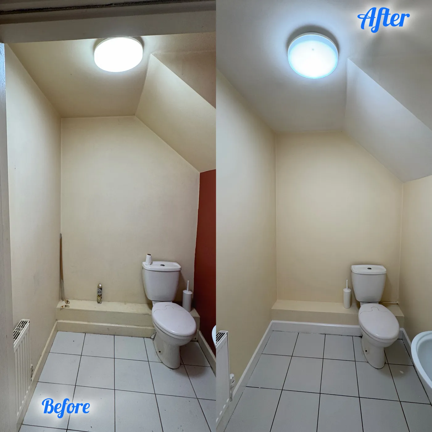 Before and after of a small Dublin bathroom repainted from dated cream to bright fresh white